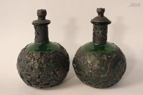 pair of Antique 19th.C Chinese Silver&Glass Bottle