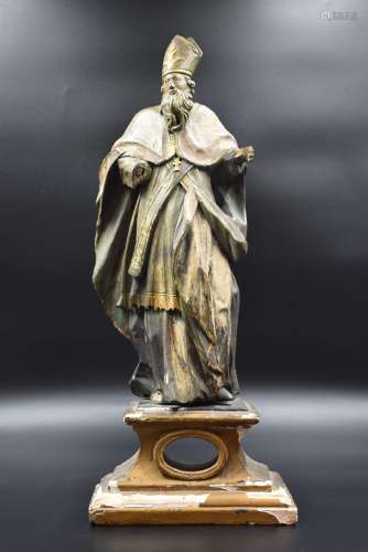 Sculpture en bois polychrome, Saint Macharius d'Antioche. Ha...