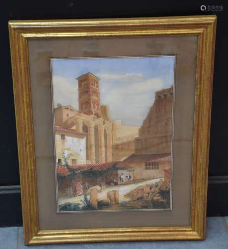 Gouache vers 1840. Vue de Rome. Vestiges du forum de Nerva. ...