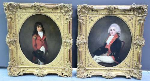 Paire de portraits d'élégants vers 1800. Huiles sur toiles m...