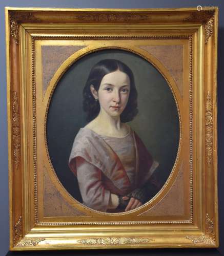 Portrait de jeune fille vers 1820. Huile sur toile dans son ...
