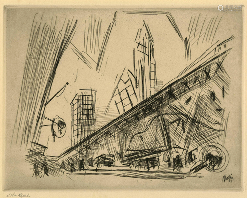 JOHN MARIN - Downtown, the El - Etching with drypoint