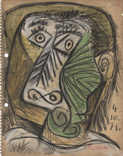 PABLO PICASSO - Tête 4-10-1971 - Charcoal, crayon,