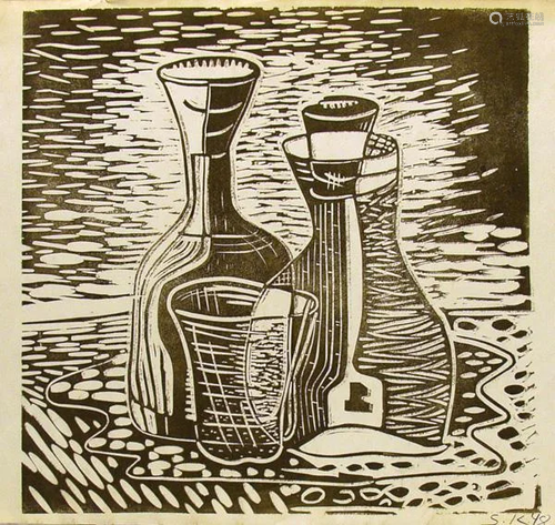 JALED MUYAES - Botellas con una copa - Color linocut