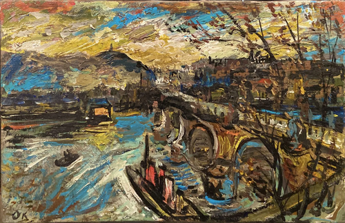 OSKAR KOKOSCHKA - Boote, Brucke, und Wolken - Oil on