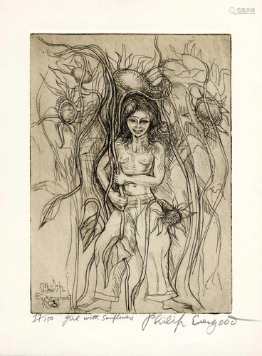 PHILIP EVERGOOD - Girl with Sunflowers - Etching