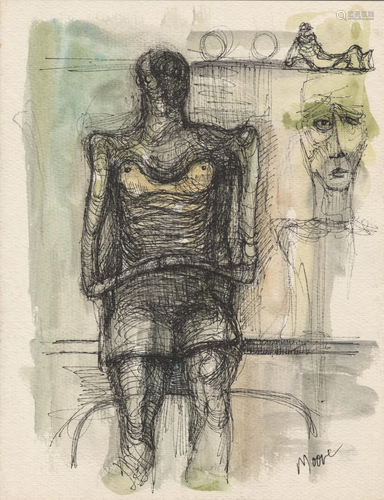 HENRY MOORE - Study for Sculpture - Watercolor and ink