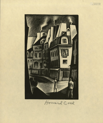 HOWARD COOK - Paris Street - Wood engraving