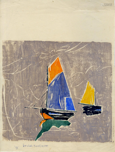 BEULAH TOMLINSON - Sailboats - White line color woodcut