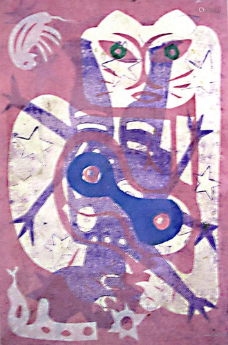 KARIMA MUYAES - Felina en Rosa - Monotype on amate