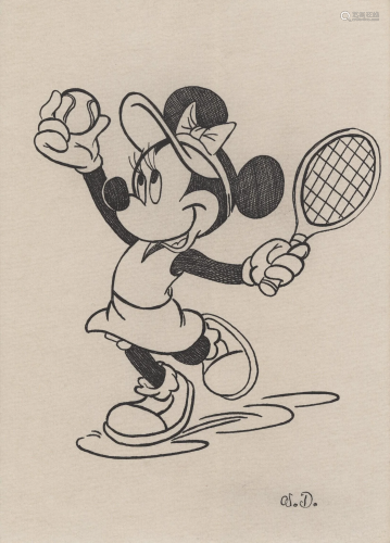 WALT DISNEY - Minnie Mouse Playing Tennis - Pen & ink