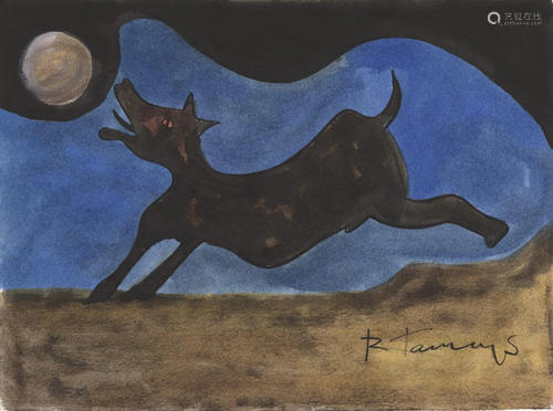 RUFINO TAMAYO - Perro ladrandole a la Luna - Watercolor