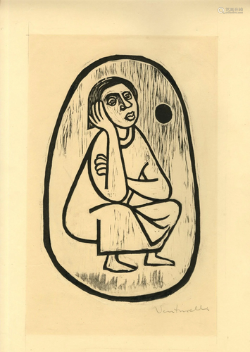 JOSE VENTURELLI - Pensive Woman - Original woodcut