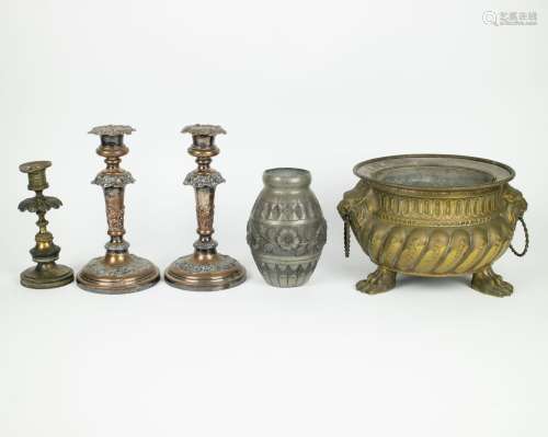 A collection of 3 candlesticks, the couple dated 1852, coppe...