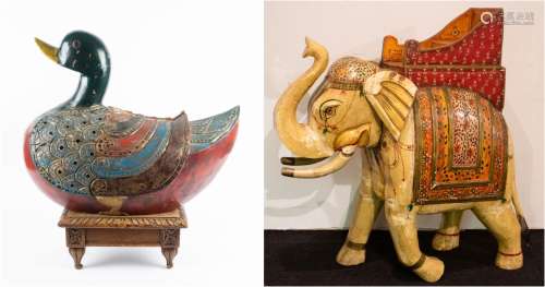 Indian polychrome woodcarving of a duck and elephant