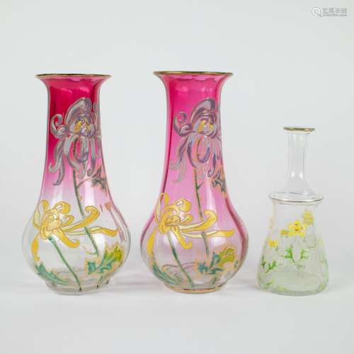 3 vases with enamel floral decoration attributed to LEGRAS