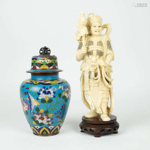 Ivory figure possibly depicting Ehr Lang Shen + cloisonné li...