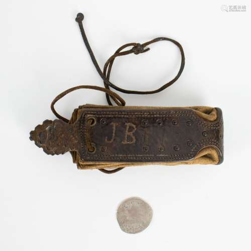 Antique money purse ca 1800 with a silver Filips IV coin dat...