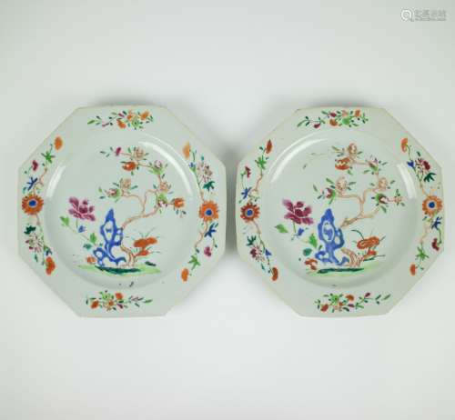2 Chinese famille rose octagonal plates Qianlong