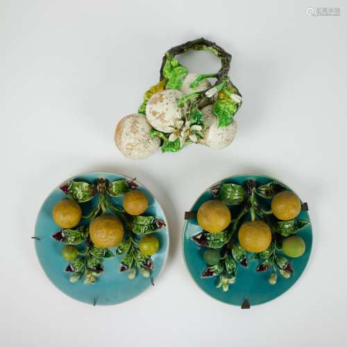 2 old faience plates barbotine with relief of oranges and a ...