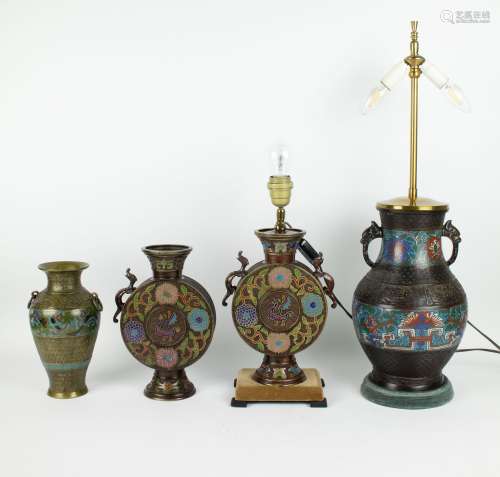 2 Japanese champlevé lamps and 2 vases