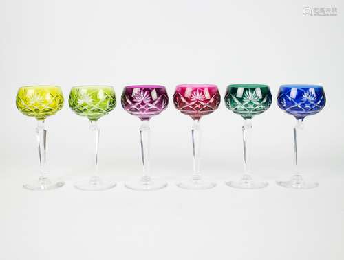 6 colored Val Saint Lambert crystal glasses