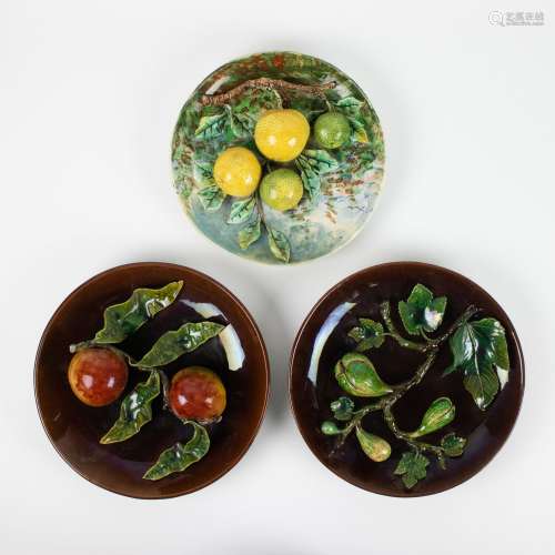 3 old faience plates barbotine with relief of fruits