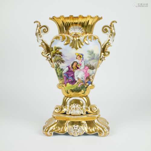 Vieux Bruxelles porcelain gilded vase with romantic decor 19...