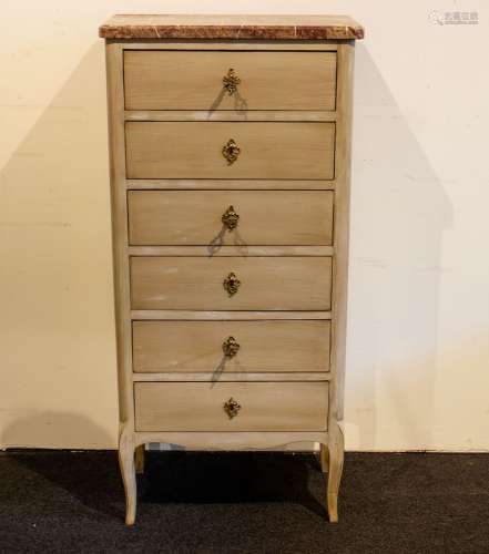 Patinated chiffoniere-chest of drawers with marble top