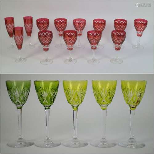 5 green & 13 red crystal Val Saint Lambert glasses
