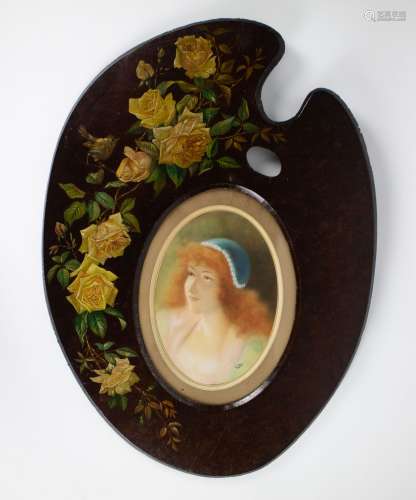 Hand-painted painter's palette with rose decor and incorpora...