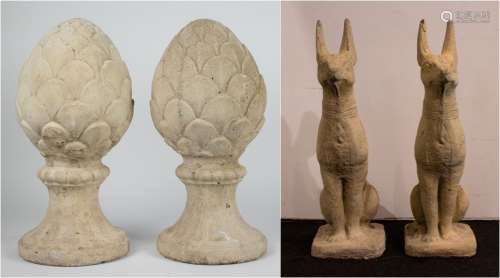 Pair of stone jackals and ornaments