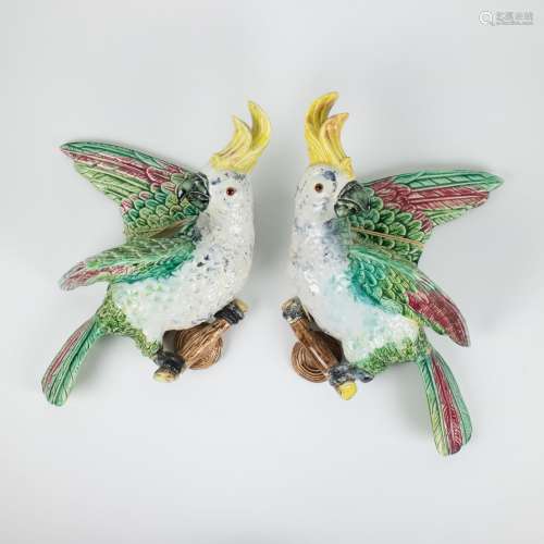2 large cockatoos in majolica glazed earthenware with glass ...