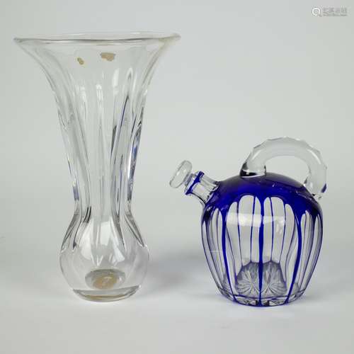 A blue white caraffe and white Val Sint Lambert crystal vase