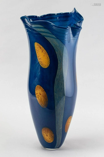 vaso in vetro blu e oro cm.x h. 62,