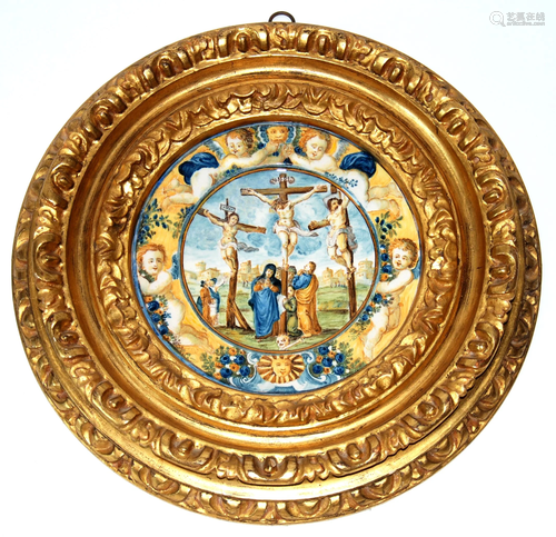 maiolica Castelli piattino con crocifissione sec ,