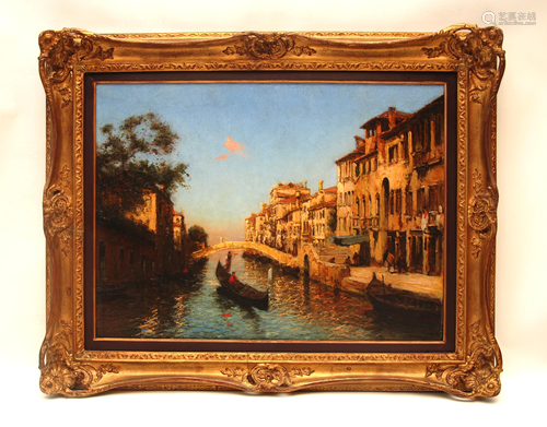 olio tela raff.veduta diVenezia con canale recate ,