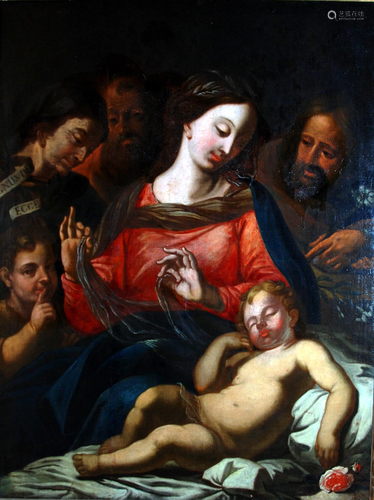 olio su tela raff.sacra famiglia con santi ,