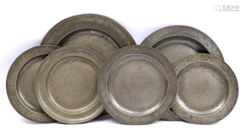 6 pewter dishes with initials and worn marks