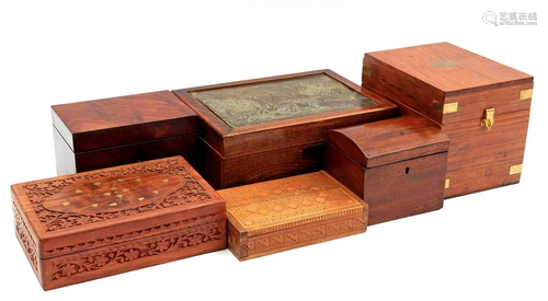 2 mahogany tea boxes and various