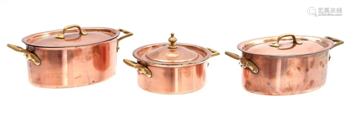 3 red copper lidded pans