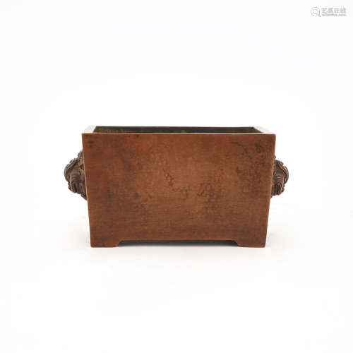 Bronze Square Censer with Lion-Head Handles