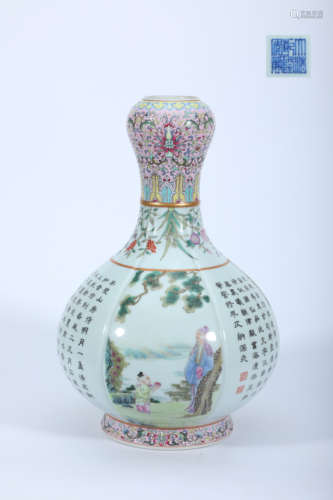 Famille Rose Gilt Figure Garlic Vase