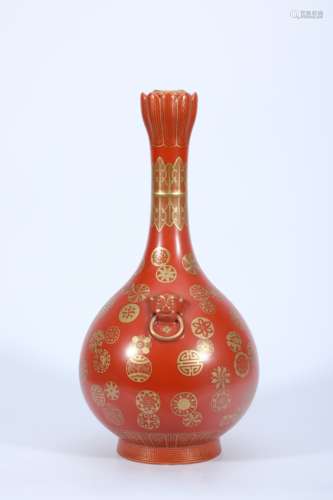 Copper-Red Gilt Beast Handles Globular Vase