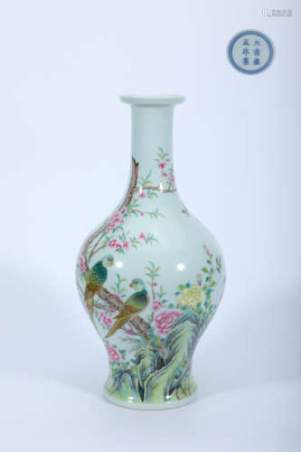 Enamel Bird-And-Flower Olive Vase