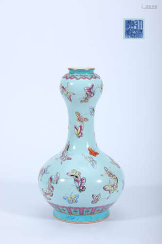 Famille Rose Blue-Ground Butterfly Garlic vase