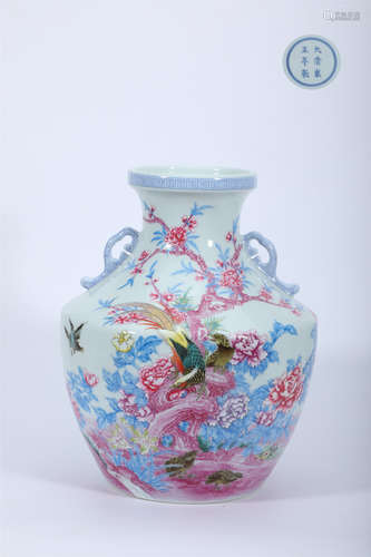 Famille Rose Bird-And-Flower Two Handles Vase