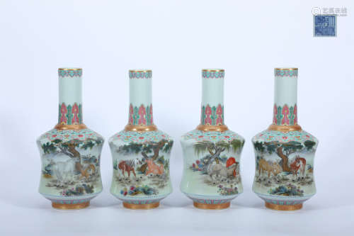 Four Enamel Horses Bottle Vases