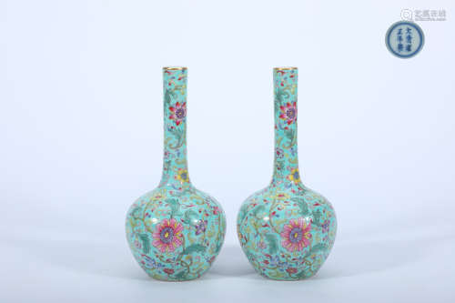 A Pair of Enamel Blue-Ground Scrolling Lotus Vase