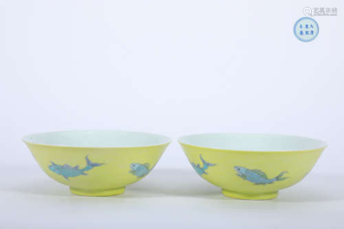 A Pair of Famille Rose Yellow-Ground Fish Bowl